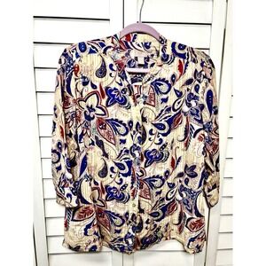 Chico's Paisley 3/4 Sleeve Button Down Cotton Top Women's Size 2 US Large
